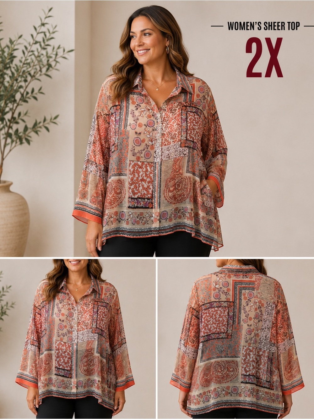 NICOLA Multicolor Patchwork Print Button-Front Blouse SIZE 2X